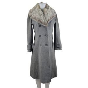 Prime Source New York Vintage Double Breasted Gray Wool Coat Fur Collar S